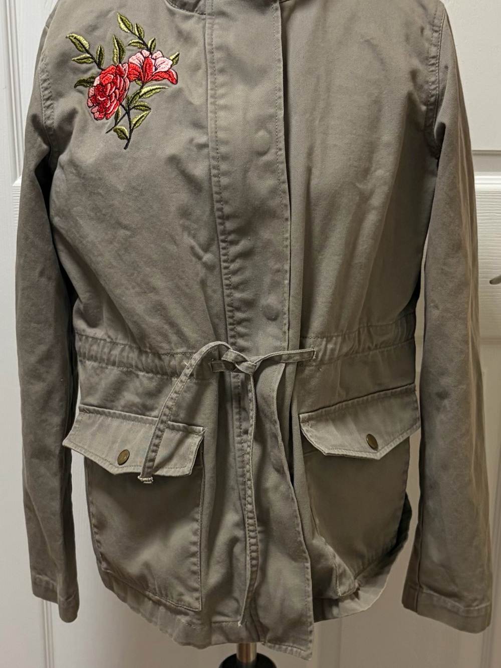 LOFT Olive Green Utility Jacket with Pink & Red Floral Embroidery